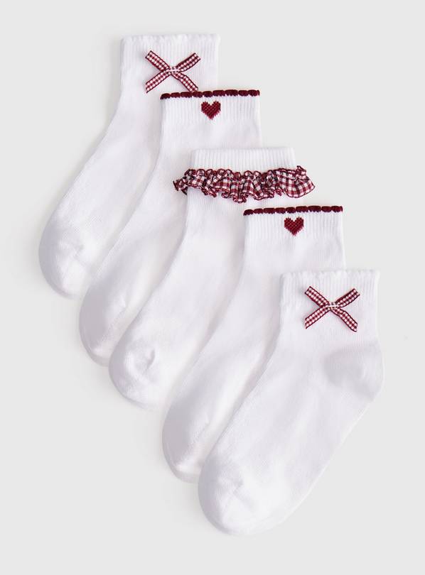 White Burgundy Gingham Frill Detail Ankle Socks 5 Pack 6-8.5 Infant